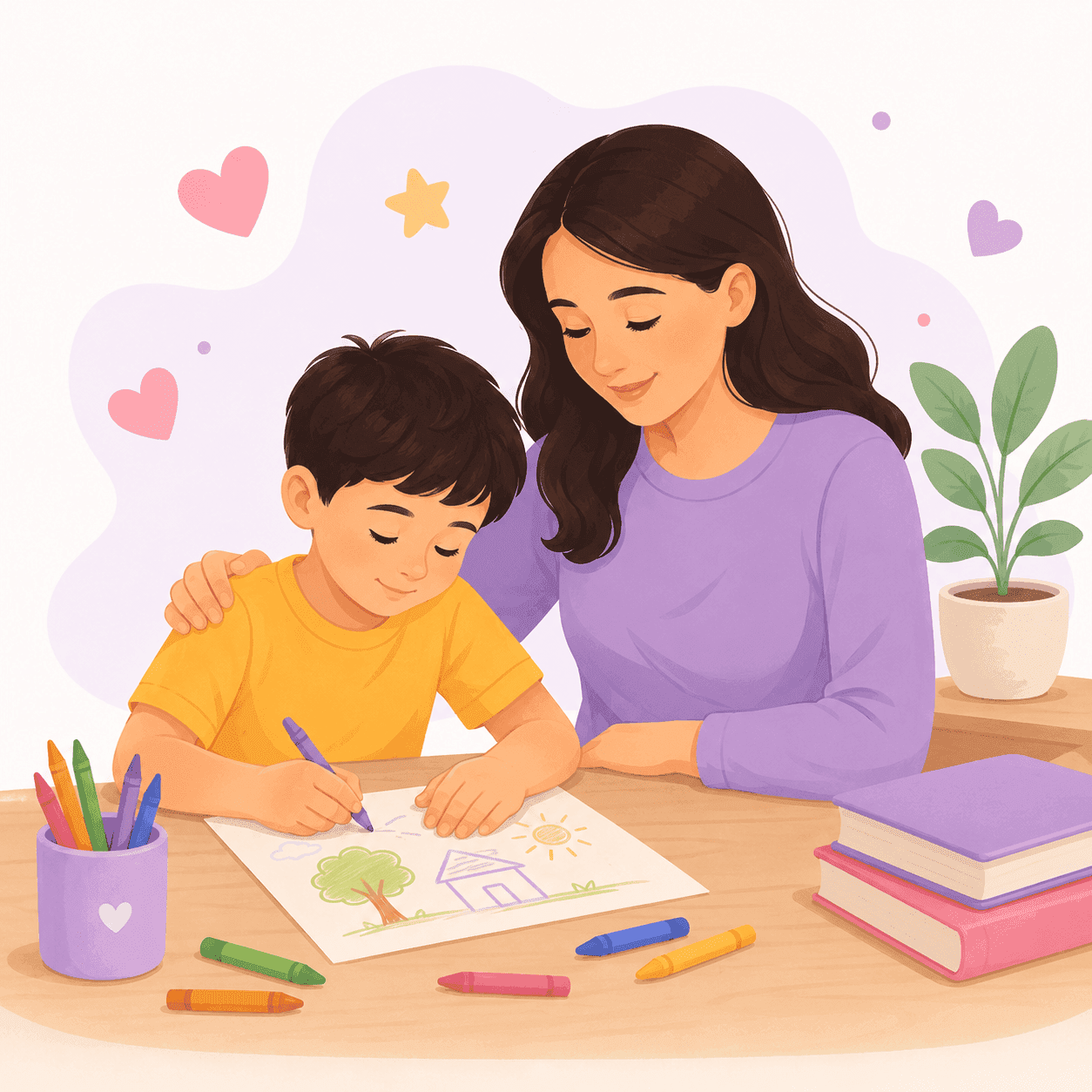 A mother and child drawing at a small wooden table